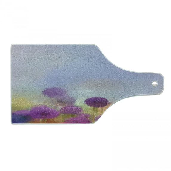 Flower Cutting Board, Onion in Meadow Pastoral Scenery at Springtime Birth of Nature Themed Illustration, Tempered Glass Cutting and Serving Board, Wine Bottle Shape, Purple Blue, by Ambesonne