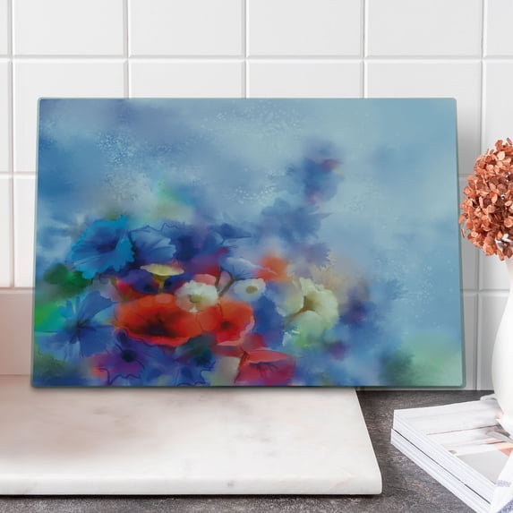 Flower Cutting Board, Paint of Nature Elements Botanic Floral Motives Artisan Depition of Natural Life, Decorative Tempered Glass Cutting and Serving Board, Large Size, Red Blue, by Ambesonne