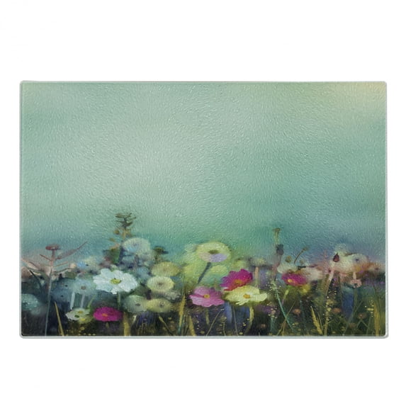 Flower Cutting Board, Poppy Daisy Chamomile Patterns in Meadow Wilderness Feminine Themed Art Rural Print, Decorative Tempered Glass Cutting and Serving Board, Small Size, Multicolor, by Ambesonne