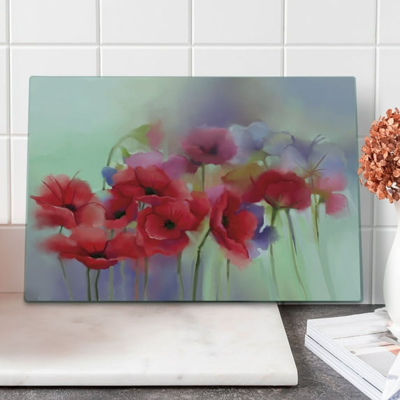 Flower Cutting Board, Poppy Flowers Blur Spring Floral Seasonal Romantic Illustration Print, Decorative Tempered Glass Cutting and Serving Board, Large Size, Lavender and Red, by Ambesonne
