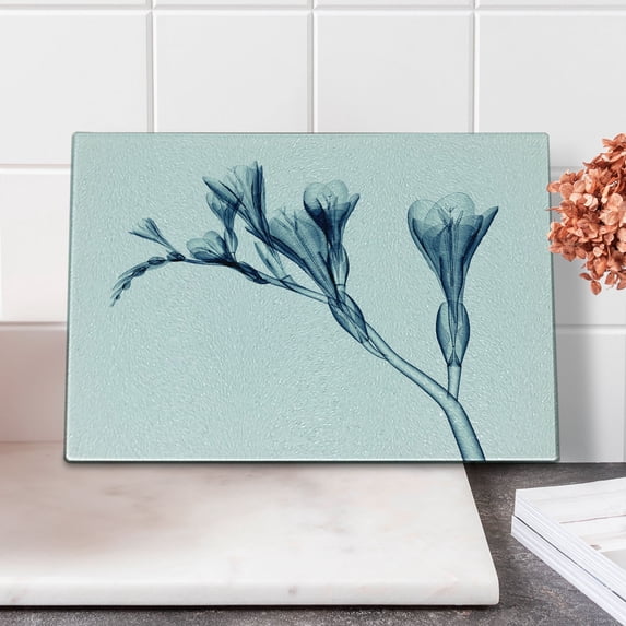 Flower Cutting Board, Uv Style Picture of Flower Floral Radiography Themed Illustration Modern Design, Decorative Tempered Glass Cutting and Serving Board, Small Size, Teal White, by Ambesonne