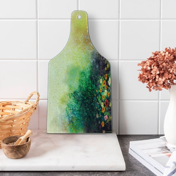 Flower Cutting Board, Vibrant Colored Flower Bed on Valley in Fall Season with Shady Faded Murky Print, Tempered Glass Cutting and Serving Board, Wine Bottle Shape, Green Mustard, by Ambesonne