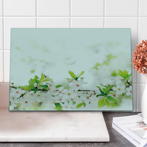 Flower Cutting Board, White Springtime Blossoms on Tree Branch Freshness Garden Growth Seasonal Nature, Decorative Tempered Glass Cutting and Serving Board, Large Size, White Green, by Ambesonne