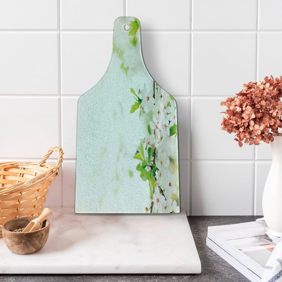 Flower Cutting Board, White Springtime Blossoms on Tree Branch Freshness Garden Growth Seasonal Nature, Tempered Glass Cutting and Serving Board, Wine Bottle Shape, White Green, by Ambesonne