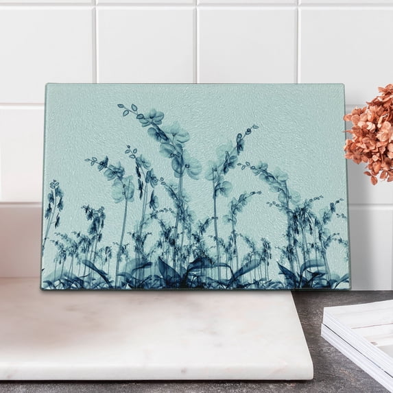 Flower Cutting Board, X-ray Photo of Group of Wild Orchid Floral Image Unsual Art Elements Print, Decorative Tempered Glass Cutting and Serving Board, Small Size, Teal White, by Ambesonne