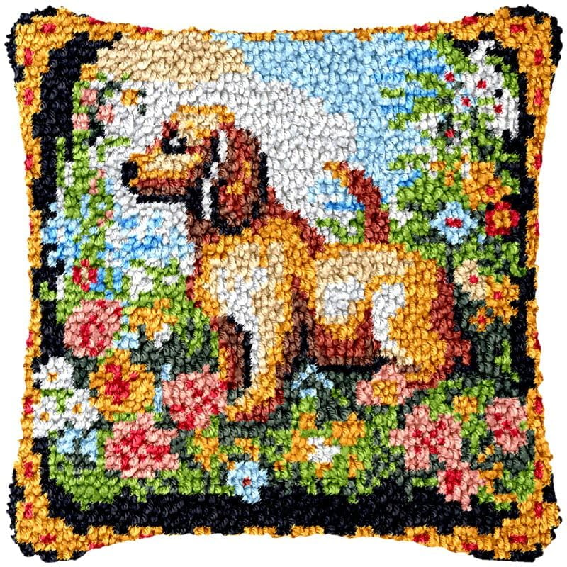 Flower Dachshund Latch Hook Pillow Cover Kits for DIY Handmade Throw Pillow Cross Stitch Latch Hook Pillowcase Rug Kits with Preprinted Color Pattern Canvas Crochet Yarn Kits 17''X 17''(fv119)