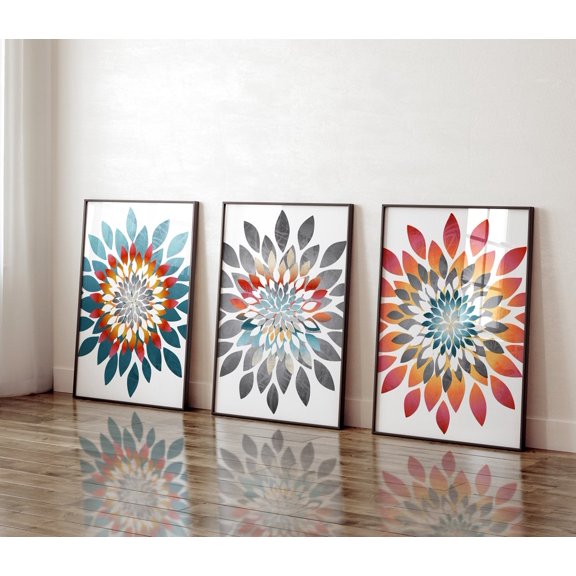 Flower Dahlia Bursts Art Prints Maximalist Bright Colors Teal Fuchsia Orange Tan Wall Art Decor Set of (3), Stretched Canvas