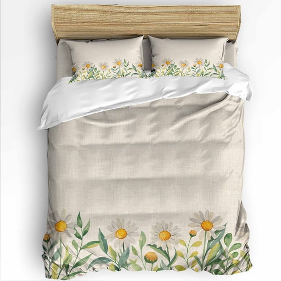 Flower Daisies Full Size Comforter Set, Pastoral Country Vintage Linen Texture Soft Bedding for All Seasons, 4 Pcs Bed Set with 1Comforter (86"x86") ,1 Sheet(80"x116"), 2 Pillowcases (19"x29")