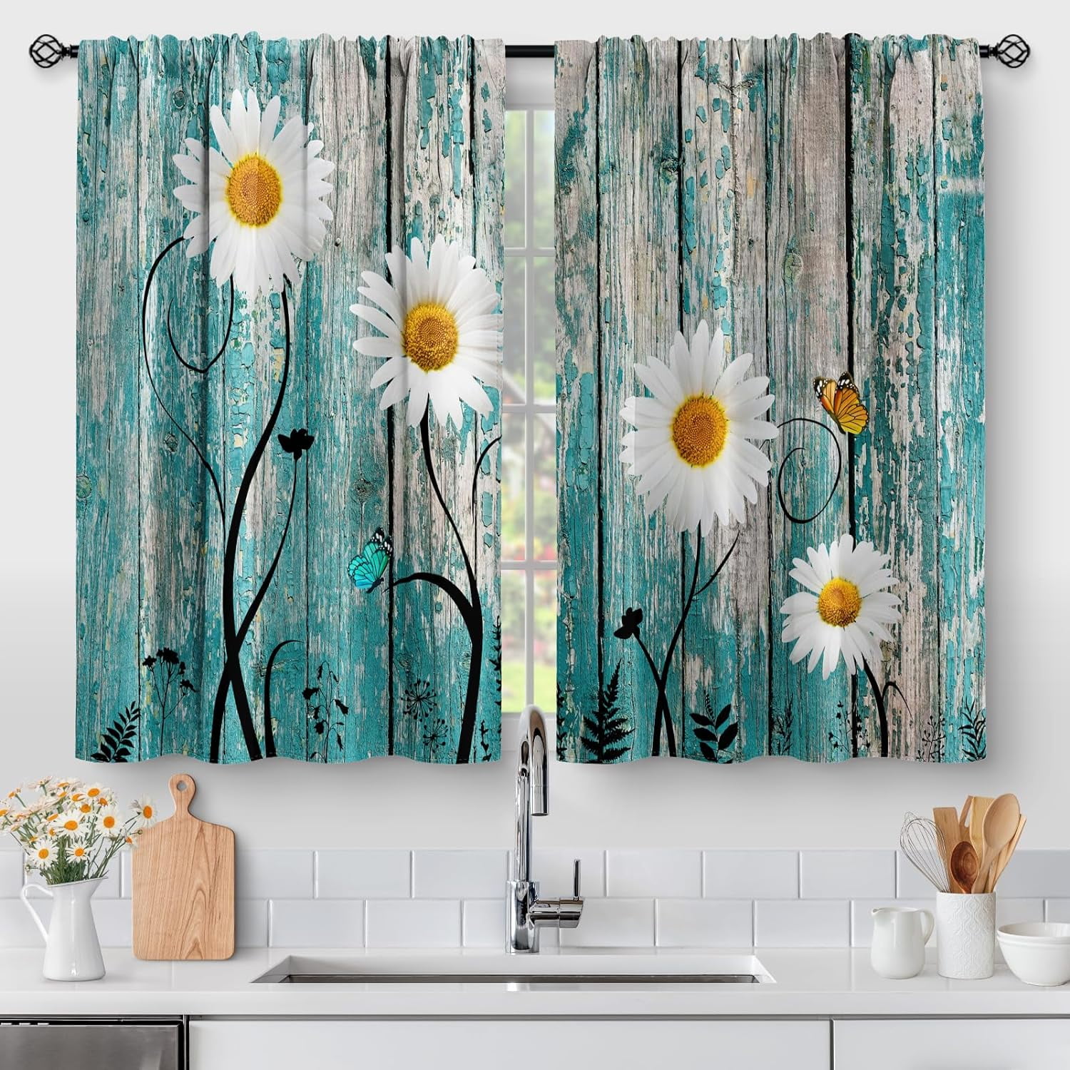 Flower Daisy Wood Kitchen Curtains Wooden Rustic Retro Floral