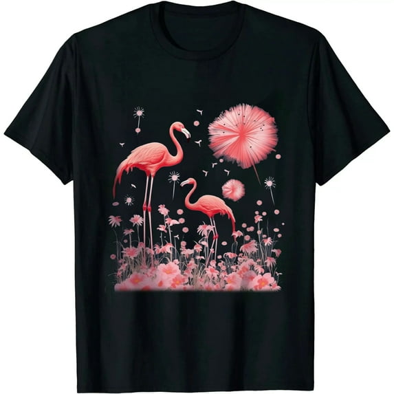 Flower Dandelion Exotic Animal Tropical Bird Pink Flamingo T-Shirt