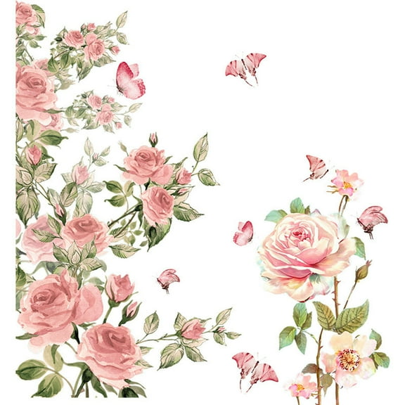 Flower Decals for Walls - Pink Floral Wall Decals Stickers Decor Wall Stickers Rose Peony Blossom Butterfly Decal for Girls & Woman Bedroom Living Room Home