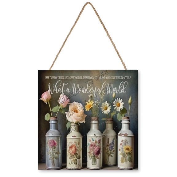 Flower Decor And I Think To Myself What A Wonderful World Wooden Hanging Signs For Home Decor 12"x12" Square Rustic Wall Hanging Plaque Sign Wooden Wall Signs for Office Bedroom