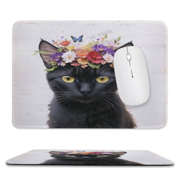 Flower Decor Black Cat Print Mouse Pad, Computer Mouse Mat with Anti-Slip Rubber Base, Easy Gliding, with Stitched Edge,Funny Mouse Pad with Design 8"x10"