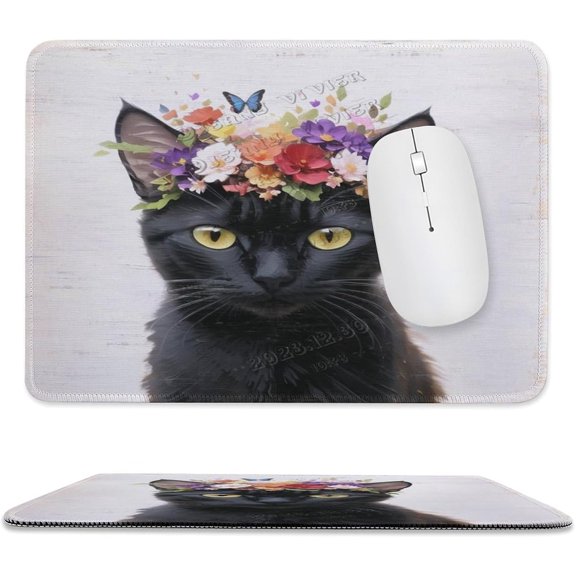 Flower Decor Black Cat Print Mouse Pad, Computer Mouse Mat with Anti-Slip Rubber Base, Easy Gliding, with Stitched Edge,Funny Mouse Pad with Design 8"x10"