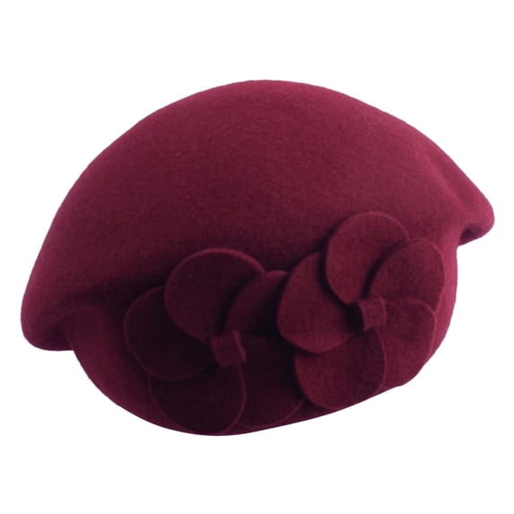 Flower Decor Hairy Beret, Soft Warm Solid Color Beret, French Style Winter Headwear, Women Thickened Cold Resistant Headcap for Autumn Winter Outing Leisure Party Fashion Warm Hat,Wine