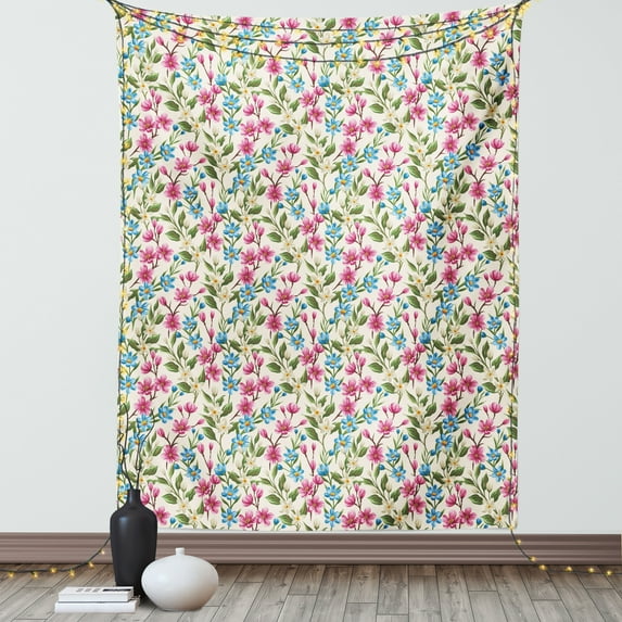 Flower Decor Tapestry, Shabby Chic Floral Buds Leaves Ivy Like Garden Decor Design Art Print , Wall Hanging for Bedroom Living Room Dorm Decor, 40W X 60L Inches, Pink and Blue, by Ambesonne