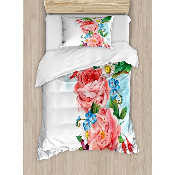Flower Decor Twin Size Duvet Cover Set, Leaves with Branch Roses Daisies and Lilacs Plants Nature Theme Art Print, Decorative 2 Piece Bedding Set with 1 Pillow Sham, Multicolor, by Ambesonne