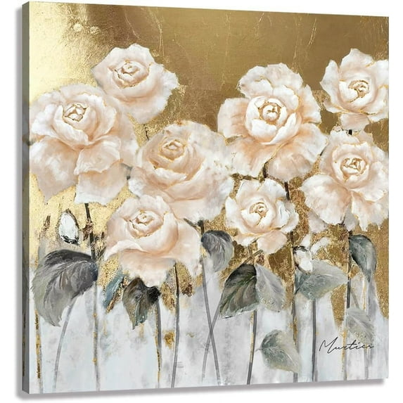 Flower Decor Wall Art White Floral Pictures Canvas Gold Yellow Decoration with Solid Wood Frame Easy to Hang 12x12