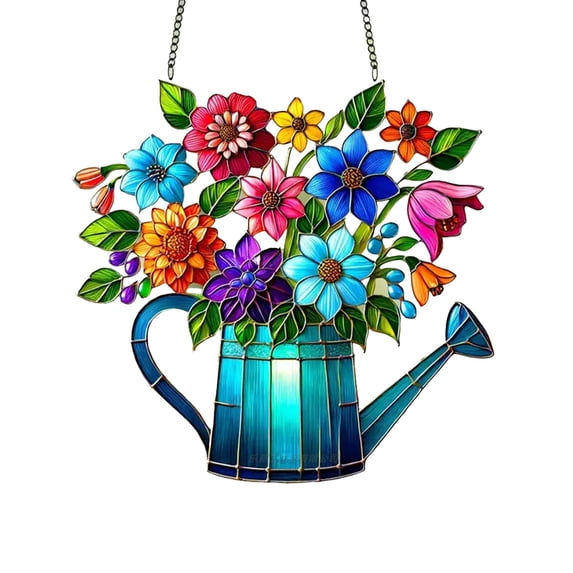 Flower Decorated Kettle Sun Catcher Tiffany Style Stained Acrylic 2D Flat Window Panel Hangings with Sunflower Lily Hydrangea Flowers, 8X7.5 inch