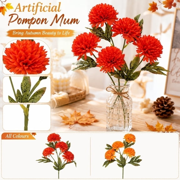 Flower Decorations, Orange Artificial Flowers, Artificial Chrysanthemum Hobby, Long Hobby Fake Flower, 17X10 Inch Non Fading Artificial Flower for Vase Flower Arrangement, Harvest