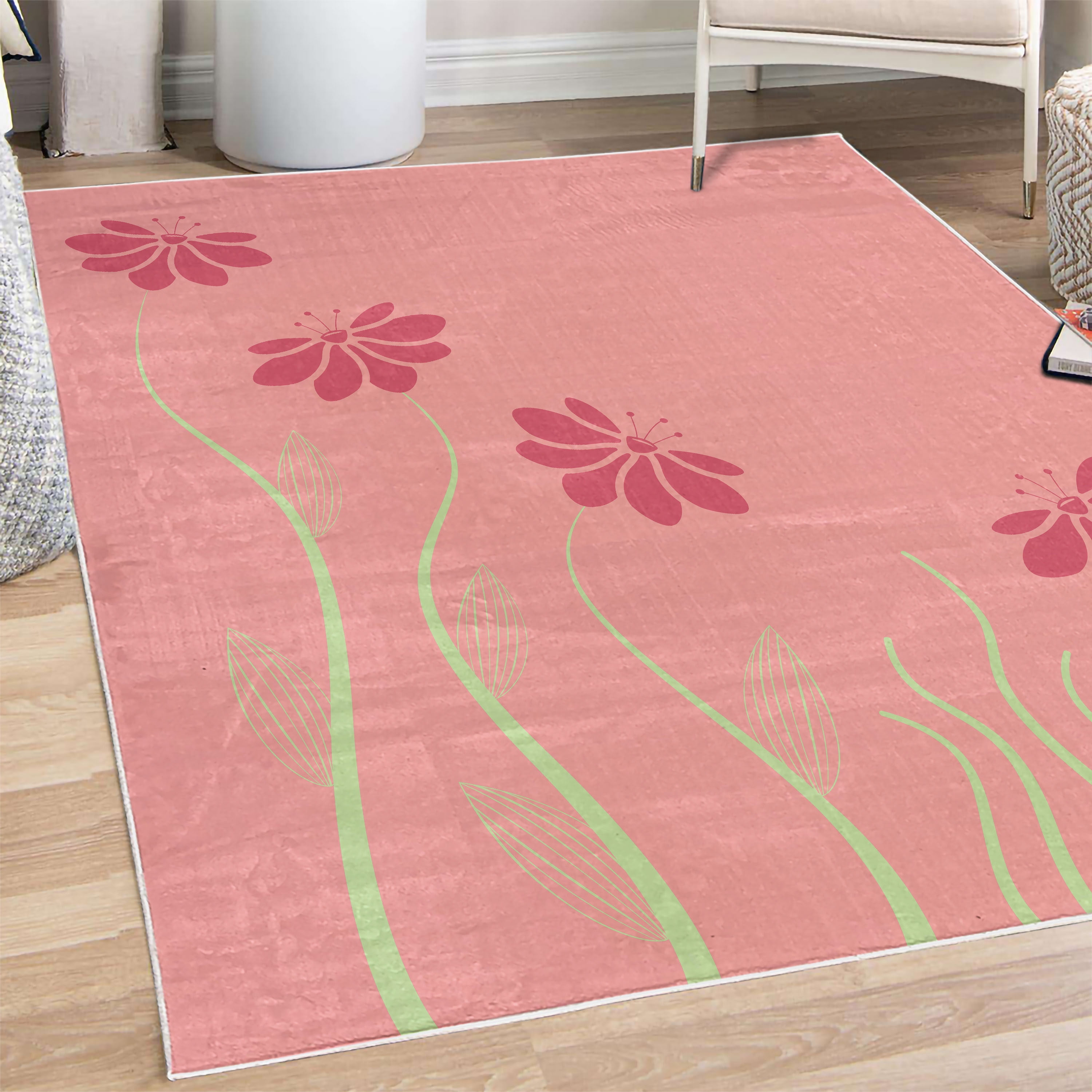 Flower Decorative Rug, Floral Petals with Striped Leaves and Lines ...