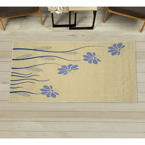 Flower Decorative Rug, Floral Petals with Striped Leaves and Lines Modern Style Geometrical Design Print, Quality Carpet for Bedroom Dorm and Living Room, 6 Sizes, Pale Yellow, by Ambesonne