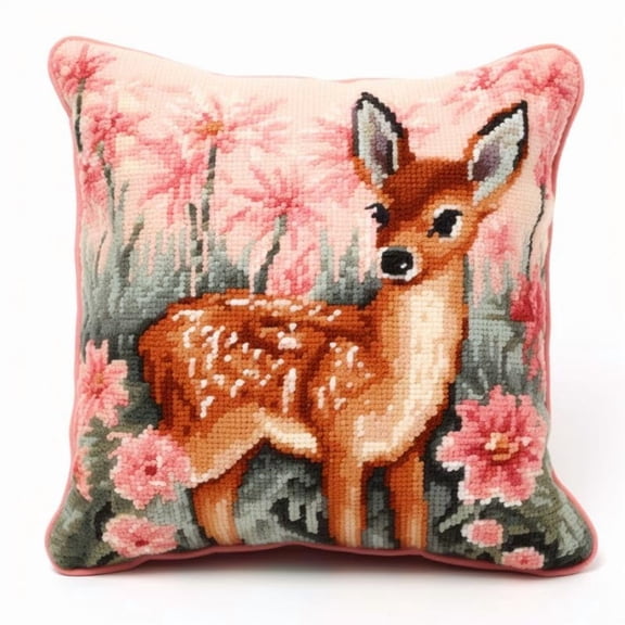 Flower Deer Latch Hook Kits Pillow DIY Rug Crochet Hook Cushion Making Kits with Preprinted Pattern Canvas Instruction Yarns Easy Starter Christmas Decoration Hooking DIY Kits 43x43cm(d20)