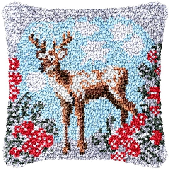Flower Deer Latch Hook Kits Pillow DIY Rug Cushion Making Kits with preprinted Pattern Canvas Instruction Yarns and Latch Hooking Pillow Cover Easy to Start DIY Home Decor Kits 43x43cm
