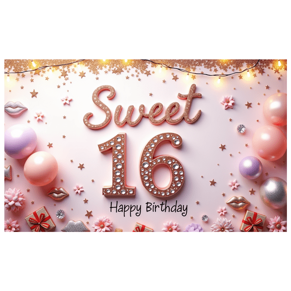Flower Design Sweet 16 Banner Glittery Number Birthday Banner Happy Birthday for Teen Celebration Indoor Decor Festive Party