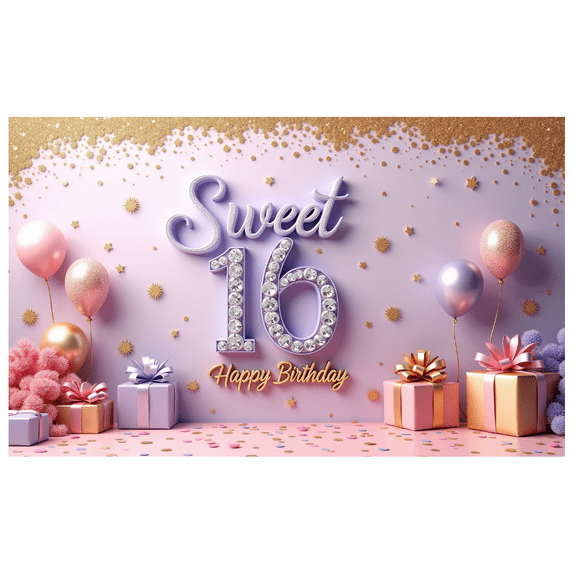Flower Design Sweet 16 Banner Glittery Number Birthday Banner Happy Birthday for Teen Celebration Indoor Decor Festive Party