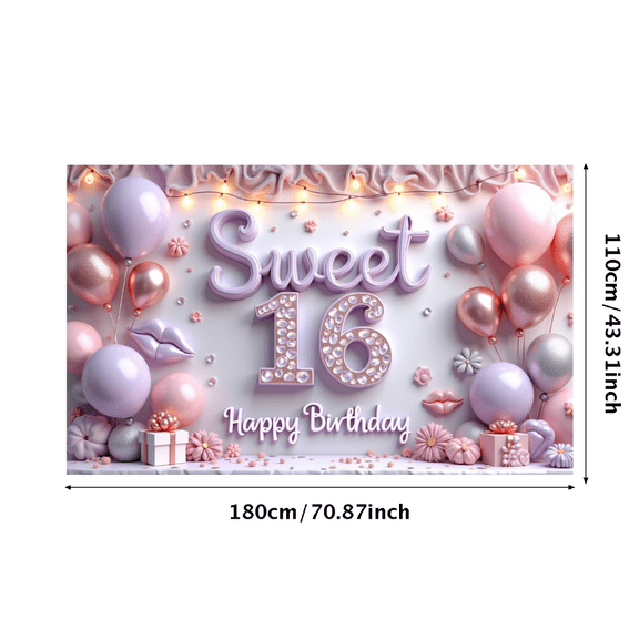 Flower Design Sweet 16 Banner Glittery Number Birthday Banner Happy Birthday for Teen Celebration Indoor Decor Festive Party
