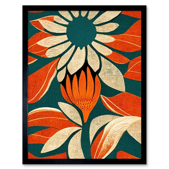 Flower Design Teal Orange Abstract Linocut Art Print Framed Poster Wall Decor 12x16 inch