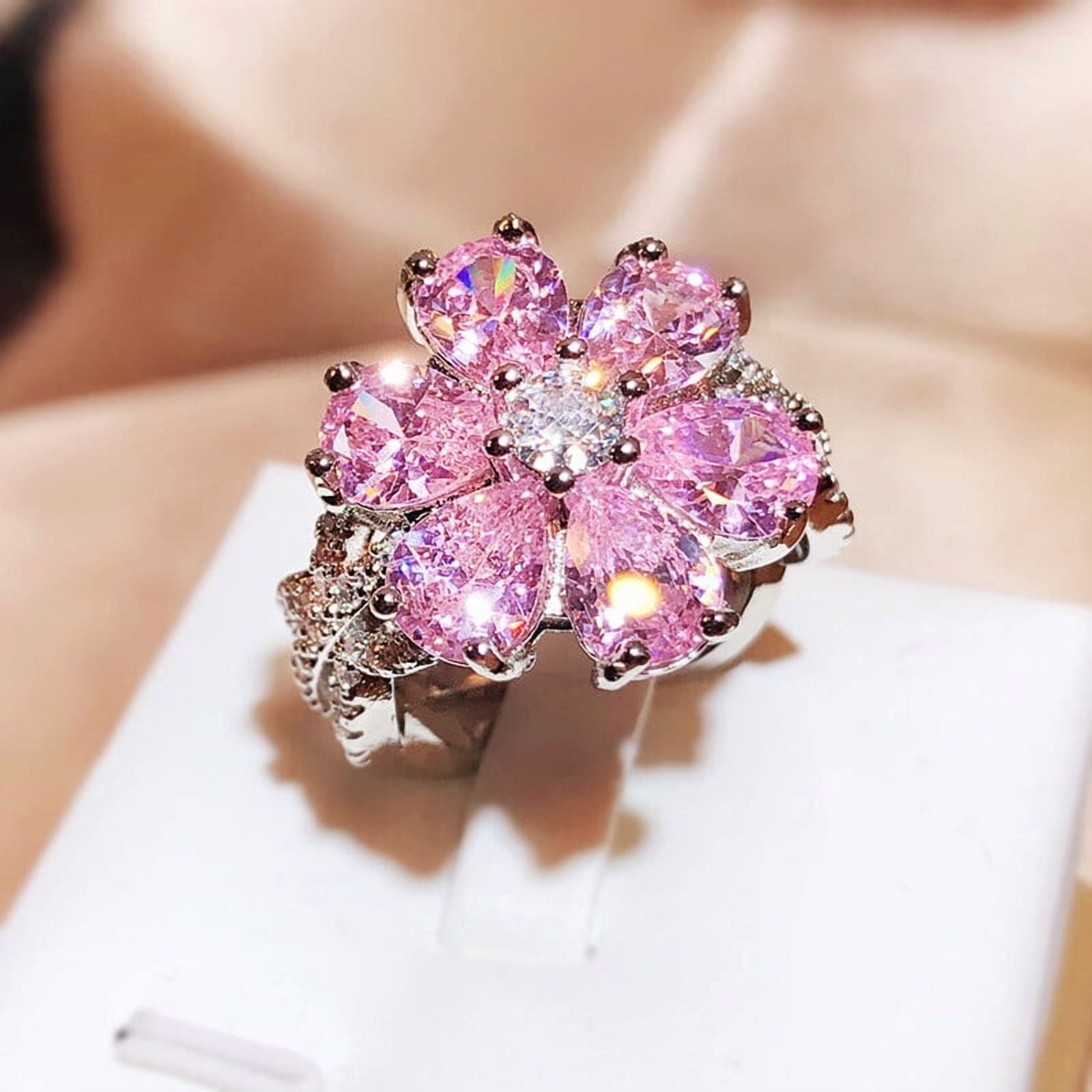 Flower Design Women's Cocktail Ring Pear Cut Simulated Pink Sapphire ...