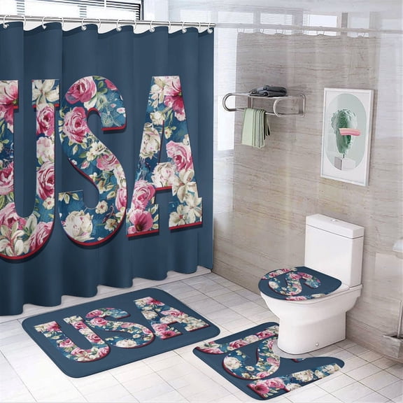 Flower Design Word USA 4 Piece Shower Curtain Sets Shower Curtain And Rugs Shower Curtain Set 4th of July Memorial Day Independence Day Durable And Waterproof for Bathroom Decor
