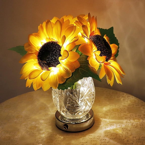 Flower Desk Lamp, Sunflower USB Rechargeable Touch Stepless Dimming Table Lamp, LED Artificial Plants Flower with Vase Night Light, Glass Vase Lamp for Room Home Festival Decor (Sunflower - 3 Head)