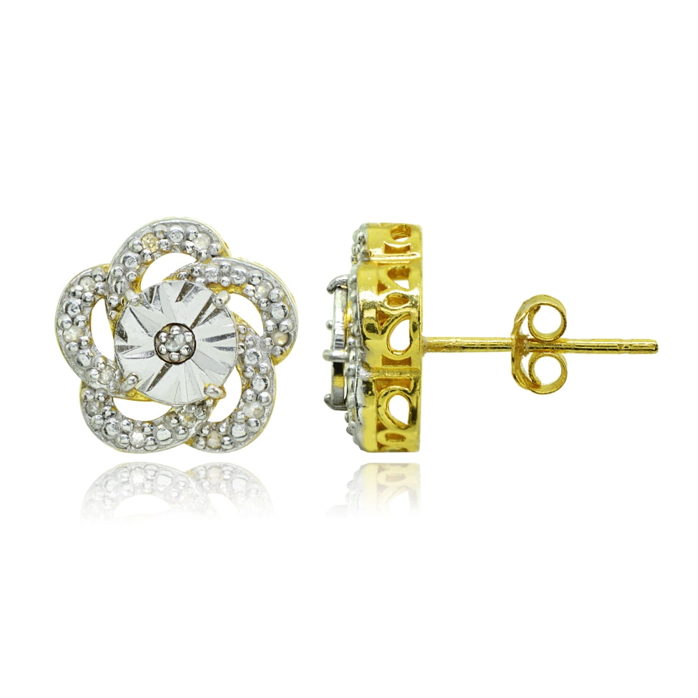 Flower Diamond Accent Small Gold Flash Sterling Silver Stud Earrings, JK-I3