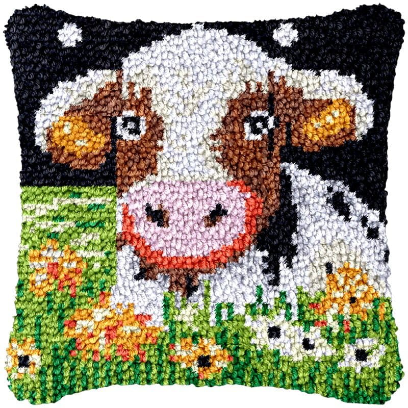Flower Diary Cow Latch Hook Pillowcase Kits for Adults and Starter DIY Cushion Latch Hooking Make Rug Kits with Preprinted Canvas Crochet Yarn Kits Needlework Crafts 17'' X 17''