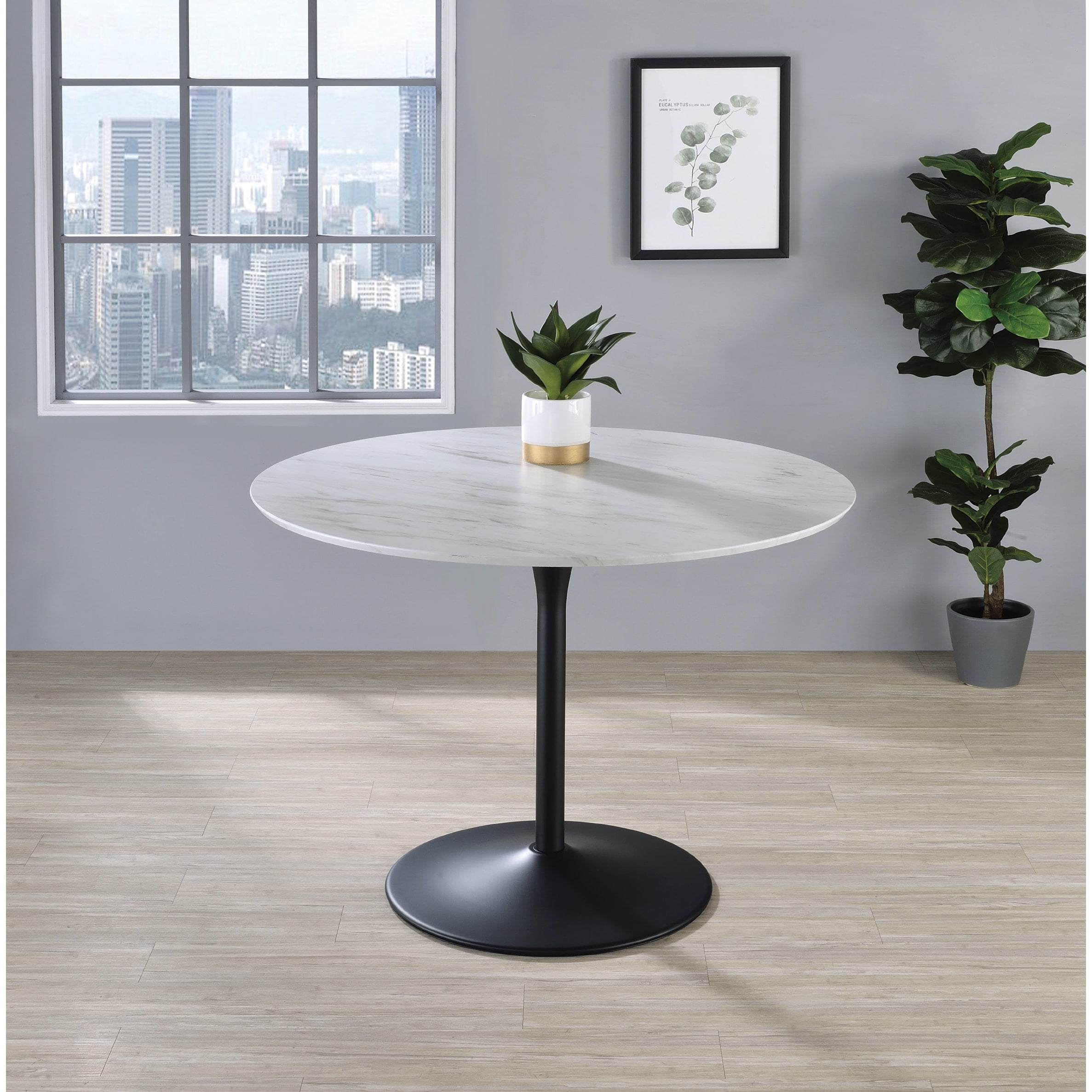 White Faux Marble Round Dining Table with Black Metal Base