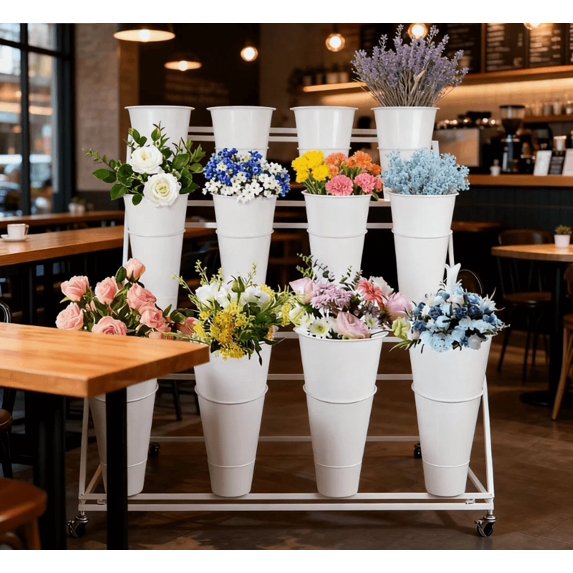 Flower Display Stand with 12 Buckets, 3 Layers Flower Bar, White Metal Plant Stand with Wheels, Heavy Duty Flower Cart for Indoor Outdoor Patio Garden Wedding Florist, White Metal Frame