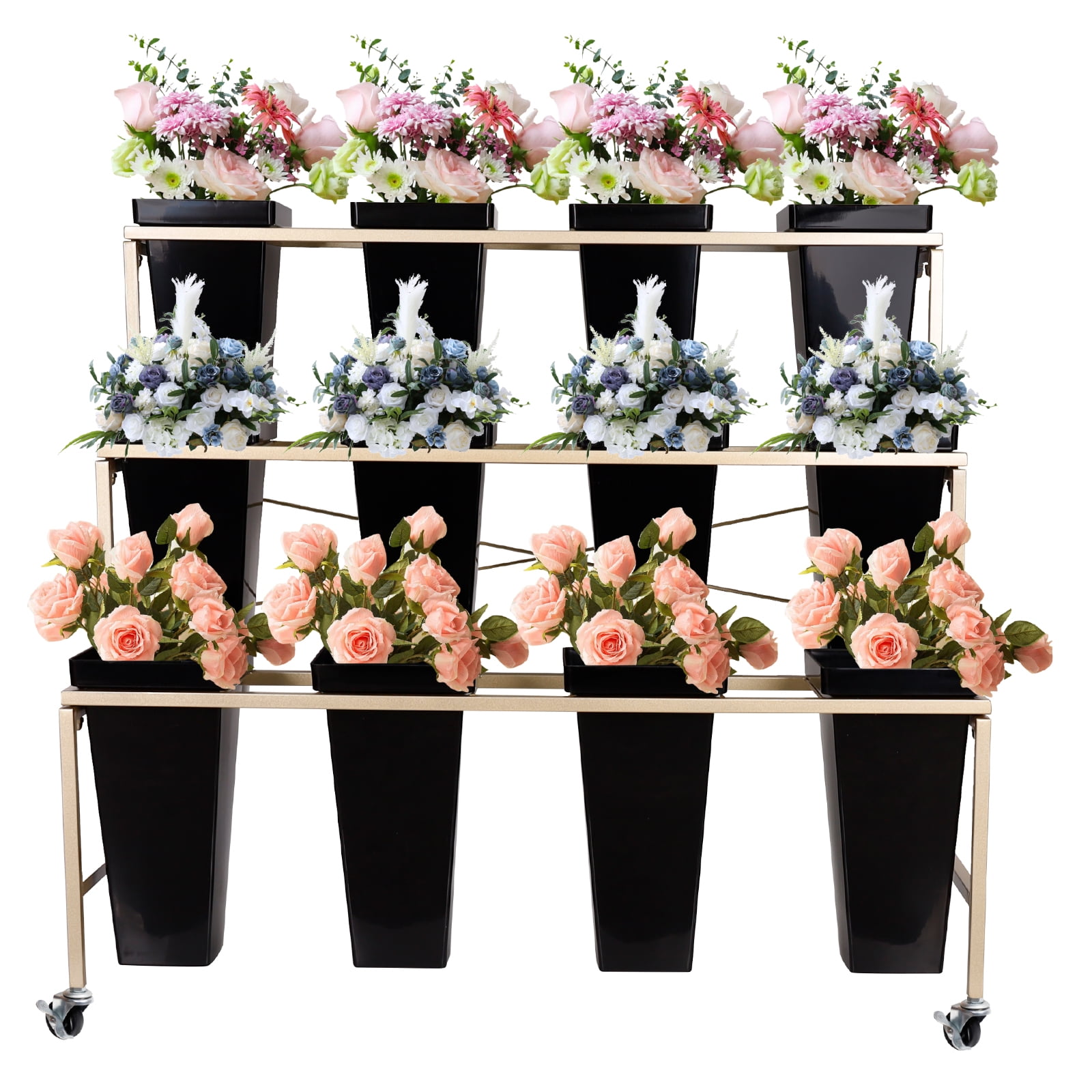 Flower Display Stand with 12 Buckets, 3 Layers Flower Cart Gold Metal ...