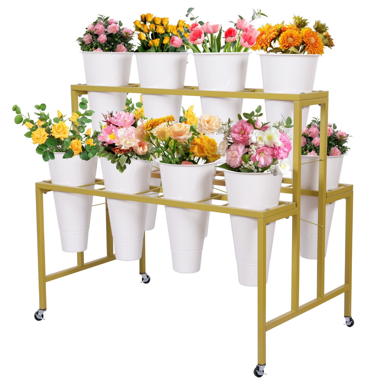 Flower Display Stand with 12 Buckets 3 Layers Flower Cart Metal Flower ...