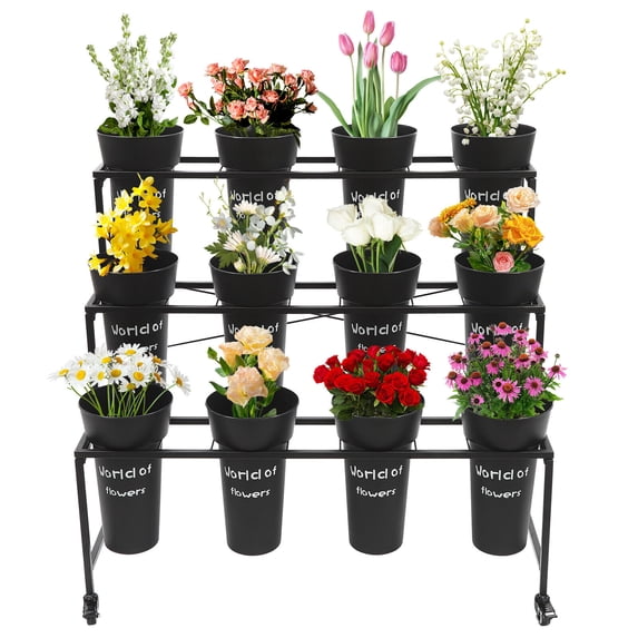 Flower Display Stand with 12 Buckets, 3 Layers Plant Stand with Wheels, 4 Wheels Moving Plant Cart Shelf ,Flower Cart for Patio Garden, Living Room, Florist