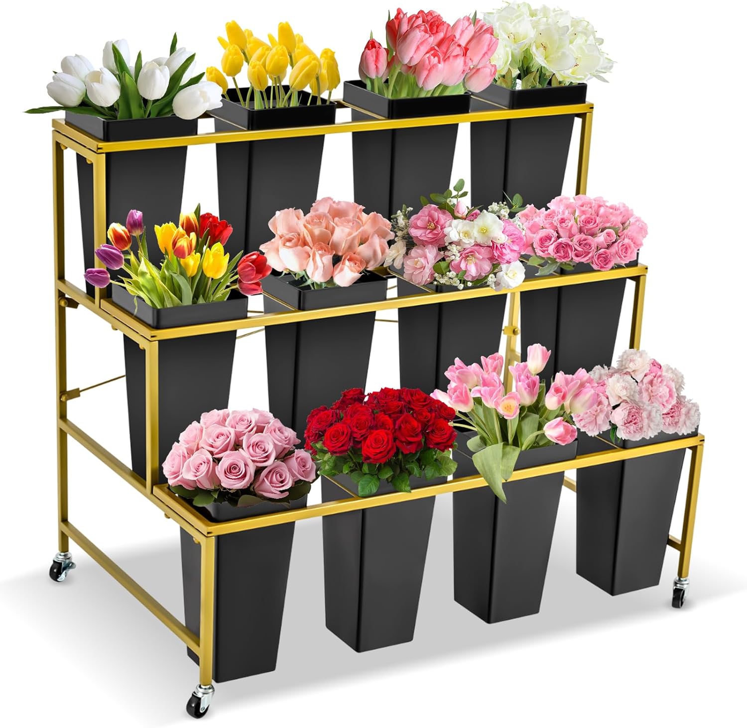 Flower Display Stand with 12 Buckets, 3-Tier Stepped Flower Holder for ...