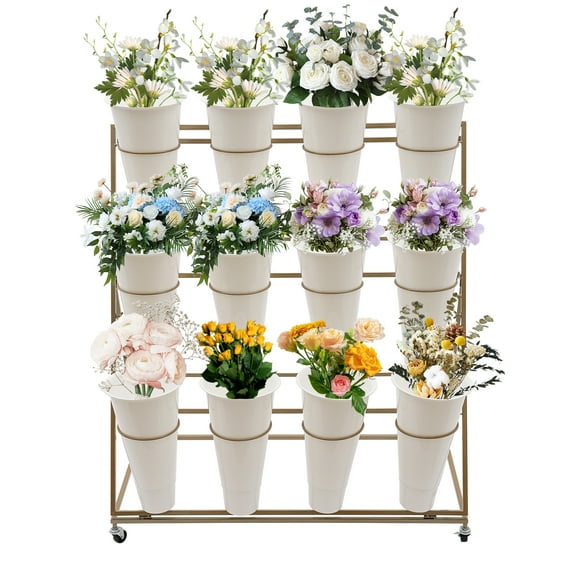 Flower Display Stand with 12 Buckets, Indoor Outdoor Rolling Floral Stand for Silk Fresh Flowers,3 Tier Florist Shelf Plant Cart for Flower Shop Garden Living Room,Easy to Install