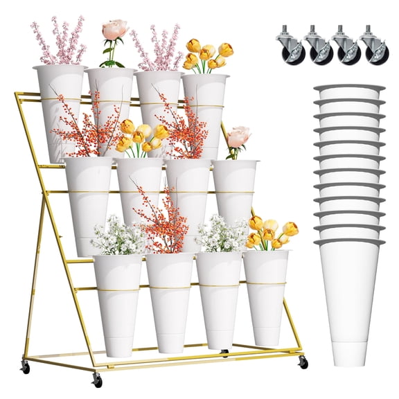 Flower Display Stand with 12 White Buckets, 3 Layers, Revolving, 27 Pounds, Movable Metal Plant Stand, Plant Stand with Wheels for Florist Shop, Indoor Garden