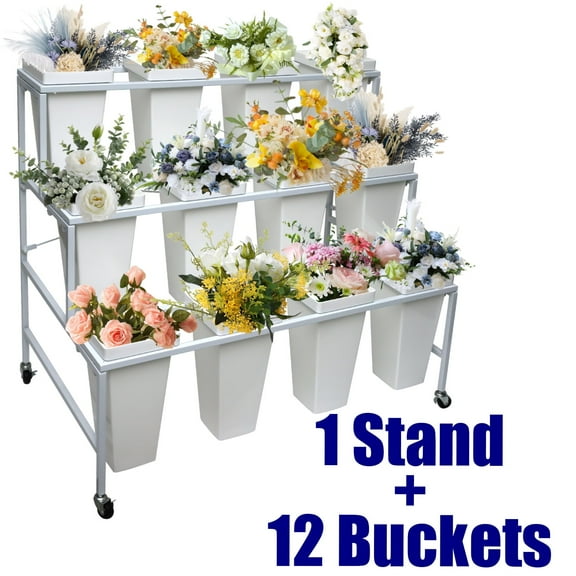 Flower Display Stand with 12 White Square Buckets, Tiered Shelf, Metal Shelf, Revolving, Movable Metal Plant Stand, Plant Stand with Wheels for Florist Shop, Balcony