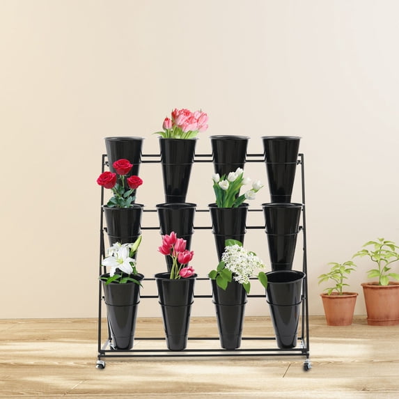 Flower Display Stand 12 x Buckets 3-Layers Metal Plant Stand with Wheels for homes, gardens, florists