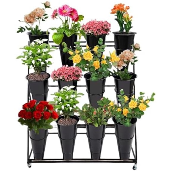 Flower Display Stand with 12PCS Buckets 3 Layers Flower Stand Heavy Duty Flower Bar Garden Cart Metal Flower Bucket Rack with Wheels Moving Plant Cart Shelf for Indoor Outdoor | US STOCK