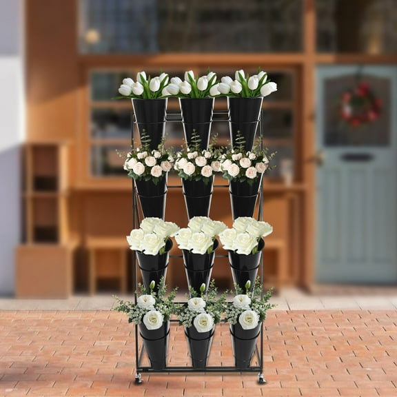 Flower Display Stand with 12Pcs Buckets, 4 Layers Metal Plant Holder with Wheels, Outdoor Moving Florist Bouquet Shelf for Fresh Flower Shop, Patio Garden Events(4Tiers/12*Black Round Bucket & Stand)