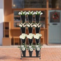 Flower Display Stand with 12Pcs Buckets, 4 Layers Metal Plant Holder with Wheels, Outdoor Moving Florist Bouquet Shelf for Fresh Flower Shop, Patio Garden Events(4Tiers/12*Black Round Bucket & Stand)